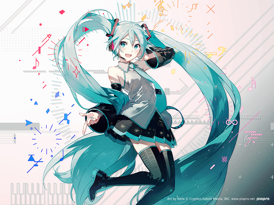 the image features a fullbody illustration of hatsune miku, an animestyle character with long, flowing blue twin tails. she is smiling and appears to be in a dynamic pose, possibly dancing or performing. miku is wearing a grey and black outfit with a short skirt, thighhigh socks, and black shoes. she has blue eyes and is wearing headphones and a microphone. the background is a blend of pink and white, with various musical elements and digital design elements scattered around, including musical notes, piano keys, and abstract shapes. the art style is detailed and vibrant, with a pop art influence. copyright information is visible at the bottom.