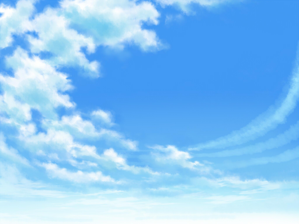 the image shows a bright blue sky with fluffy white clouds. there is a distinct vapor trail arching across the right side of the sky. the overall impression is serene and airy.