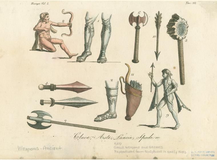 an illustration depicting various ancient greek weapons and greaves. the image shows a nude archer with a bow and arrow, a pair of greaves, various types of axes and spears, a mace, a quiver filled with arrows, a man holding a spear. the image has labels for each item in the picture.