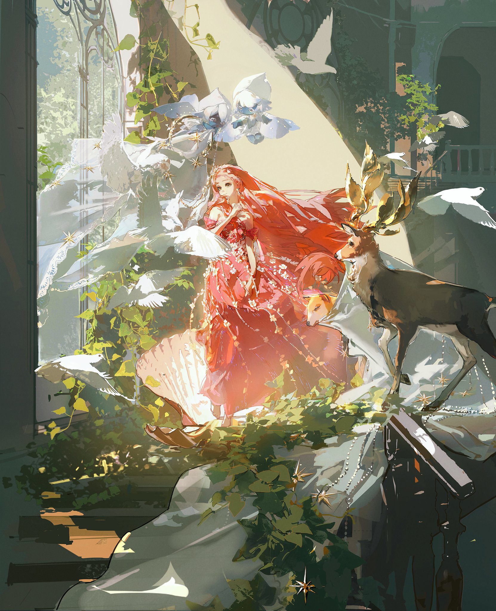 the image is a digital painting in a fantasy art style. it depicts a young anime girl with long, flowing red hair wearing a red, floral dress. she is positioned in a sunlit room near a large window draped with vines.  around her are several white doves in flight, and a deer with large, ornate golden antlers stands nearby. the overall atmosphere is serene and magical, with a soft, dreamlike quality.  elements like the shell beneath the girl and the pearllike accents add to the whimsical and ethereal feel of the artwork.  the color palette is predominantly warm, with the red dress and golden antlers standing out against the softer greens and whites of the surrounding environment.