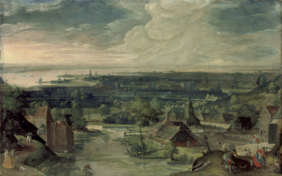 this is a landscape painting depicting a village and surrounding countryside. a river flows through the scene, with various buildings and houses clustered along its banks. a prominent church with a steeple is visible. figures of people are scattered throughout the painting, some engaged in activities near the river. the sky is filled with clouds, and the horizon stretches out in the distance. trees and foliage add depth to the composition, creating a rural scene. a boat is visible along the riverbank.