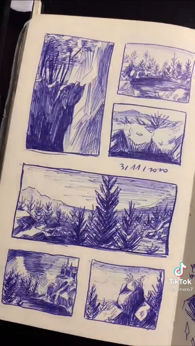 the image shows a sketchbook page filled with several small landscape drawings done in shades of blue ink.  the style is somewhat impressionistic, focusing on capturing the essence of the scenes rather than precise detail.  the drawings depict various landscapes, including forests, mountains, and possibly rocky outcrops,  all rendered with varying line weights and textures to create depth and form.  a date or other notation is visible on one of the pages. the overall impression is of a personal, artistic sketchbook where the artist is practicing landscape sketching.  a tiktok watermark is present in the bottom right corner.