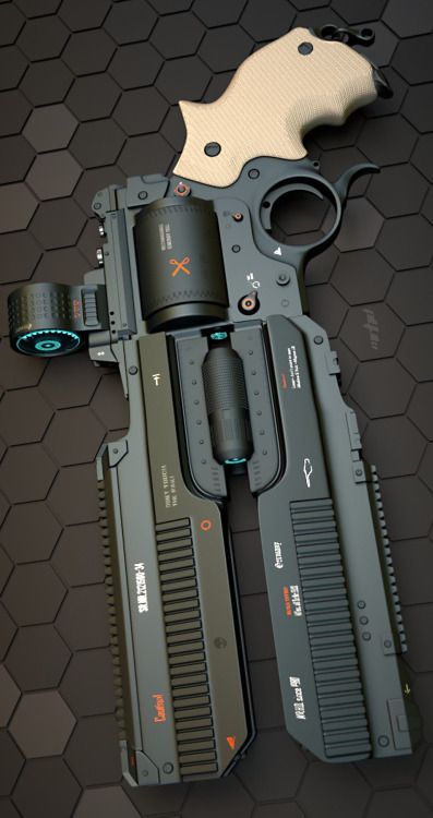 a digitally rendered, futuristiclooking pistol/revolver sits on a hexagonal background. the gun has a light tan grip, a dark grey body with various technical markings and details, and a unique overall design. it combines elements of a revolver with futuristic aesthetics and appears to be a concept or design illustration rather than a functional firearm.