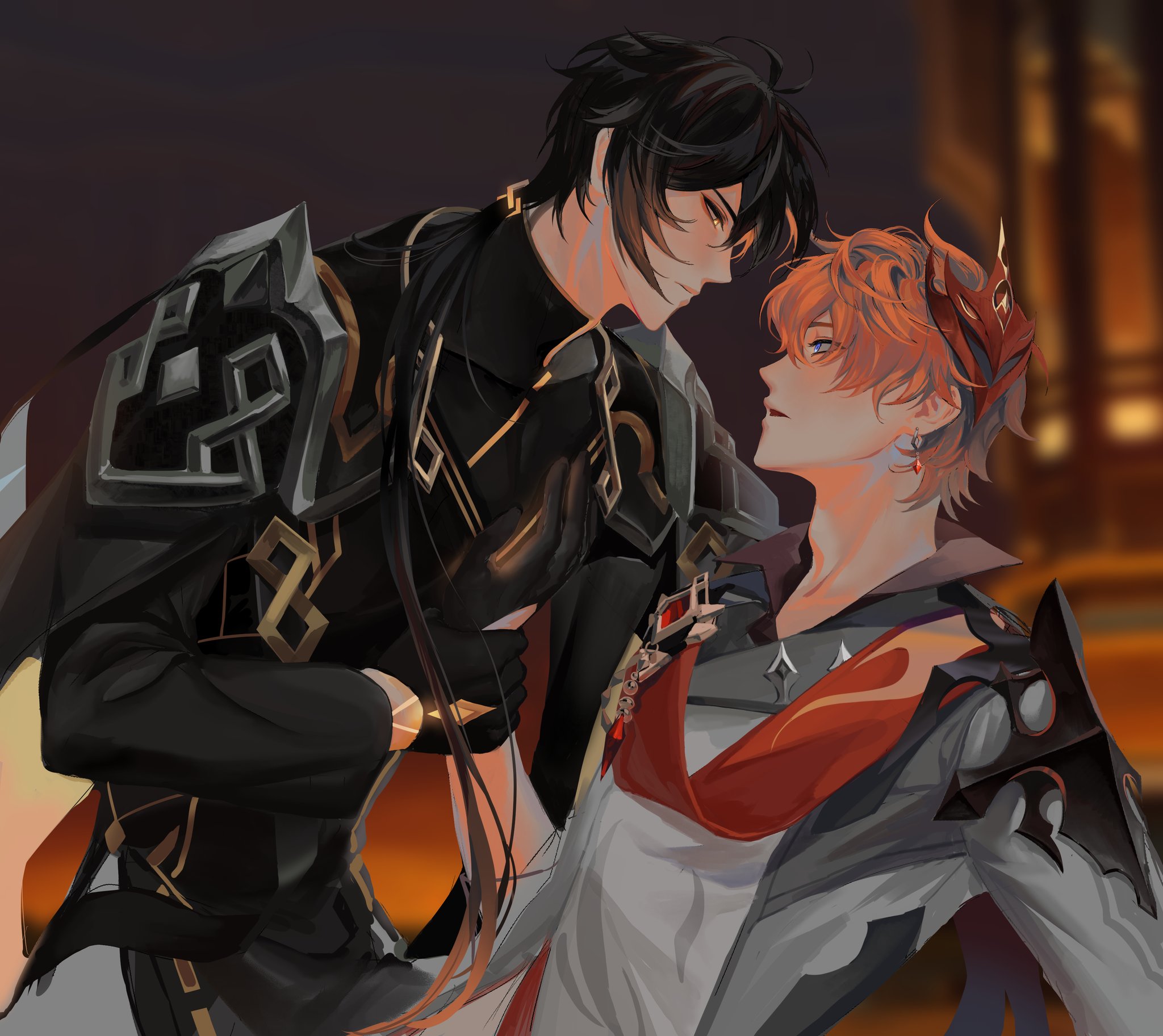 the illustration depicts two anime characters, one with dark hair and a black and gold outfit, and another with orange hair and a white and red outfit. the characters are facing each other, their faces close, and there is a suggestion of affection or romance between them. the image is likely part of a larger work, with the background blurred and suggesting a nighttime or evening setting. the characters' clothing and expressions further suggest a romantic or fantasy setting.
