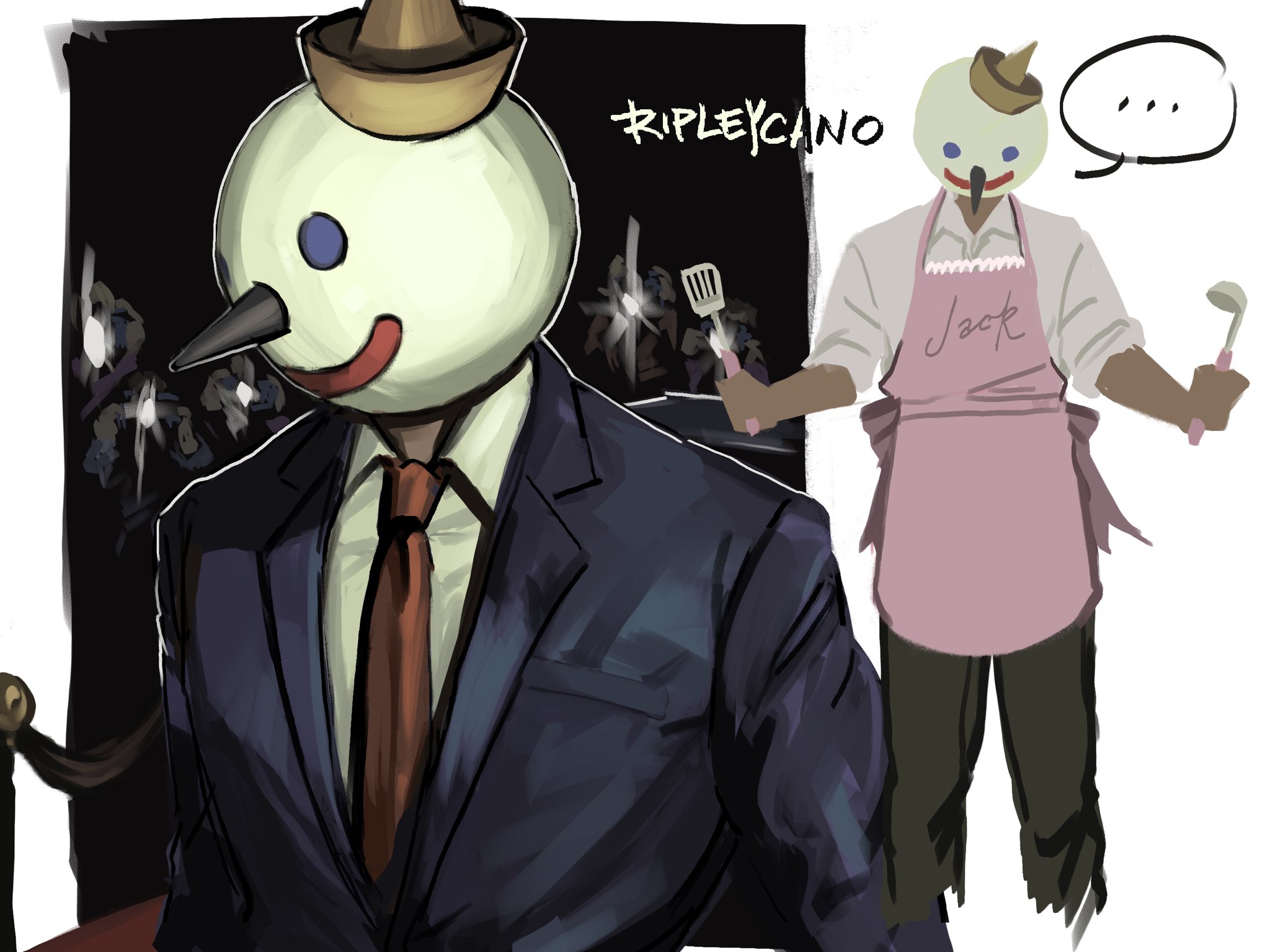 the image shows jack from jack in the box in two different styles. on the left, he's wearing a suit and tie, as if he's a wealthy businessman. on the right, he's wearing an apron and holding a spatula, as if he's working in a fast food restaurant. the image is humorous and plays on the different perceptions of jack in the box.