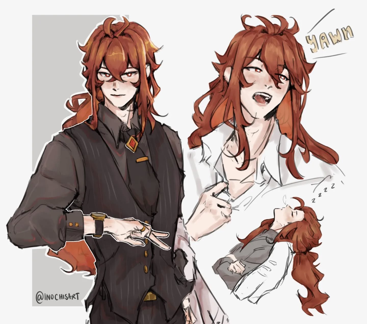 he image contains a digital drawing or fanart of a male anime character with long, reddishbrown hair. he is depicted in three different poses. in the main pose, he's wearing a dark suit with a vest and is subtly showing off a watch and ring. in the second pose, he appears more relaxed, yawning with his shirt slightly open. the third pose shows him sleeping or resting comfortably. the style is loose and expressive, with visible brush strokes, giving it a sketchlike quality. the overall mood is casual and relaxed.
