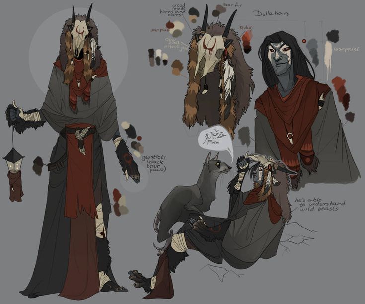 this image features a detailed fantasy character design. the character appears to be a wolflike creature with a skull mask, horns, and a long cloak.  they are holding a lantern in their left hand and their right hand is adorned with a wolflike paw gauntlet.  the character has a companion creature, a wolflike creature, with a wolflike skull mask with horns. the design of the character is detailed and expressive, with a strong sense of personality and style. there is a text bubble next to the companion creature that reads "f". the other character, a person, has a skull mask with horns and appears to be dressed in a similar outfit to the wolflike character, which includes a cloak and an undershirt. the person is described as a "dullahan" in the image. the image is a mix of realistic and stylized elements, creating a unique and engaging visual experience. the overall style of the design is dark, mysterious, and intriguing.