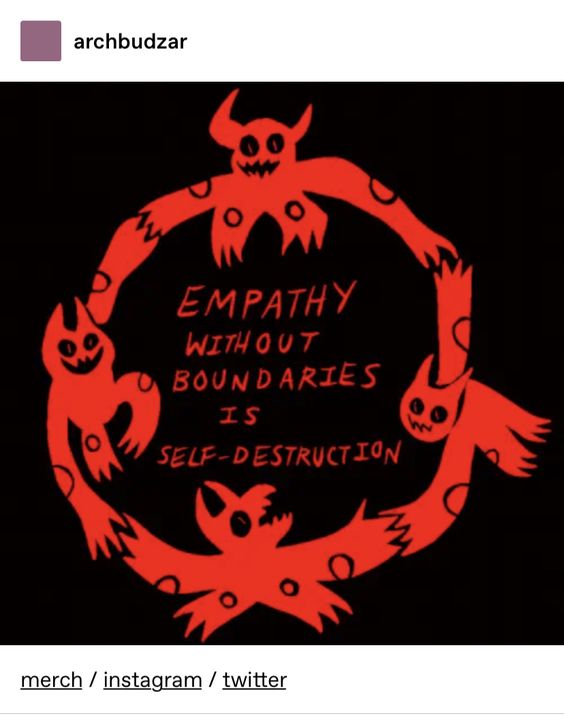 the image shows a black background with a red circle formed by five stylized red demons holding hands. inside the circle, a message reads: "empathy without boundaries is selfdestruction."