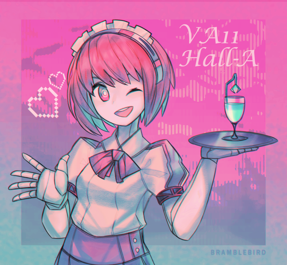 an animestyle drawing of a pinkhaired girl in a maid uniform, winking and holding a tray with a cocktail. the background is pink with the words "va11 halla" and pixelated hearts. the character has robotic features like hands and a headband with headphones. the art style is digital with visible brushstrokes and a soft, pastel color palette. the artist's signature, "bramblebird," is visible at the bottom right.