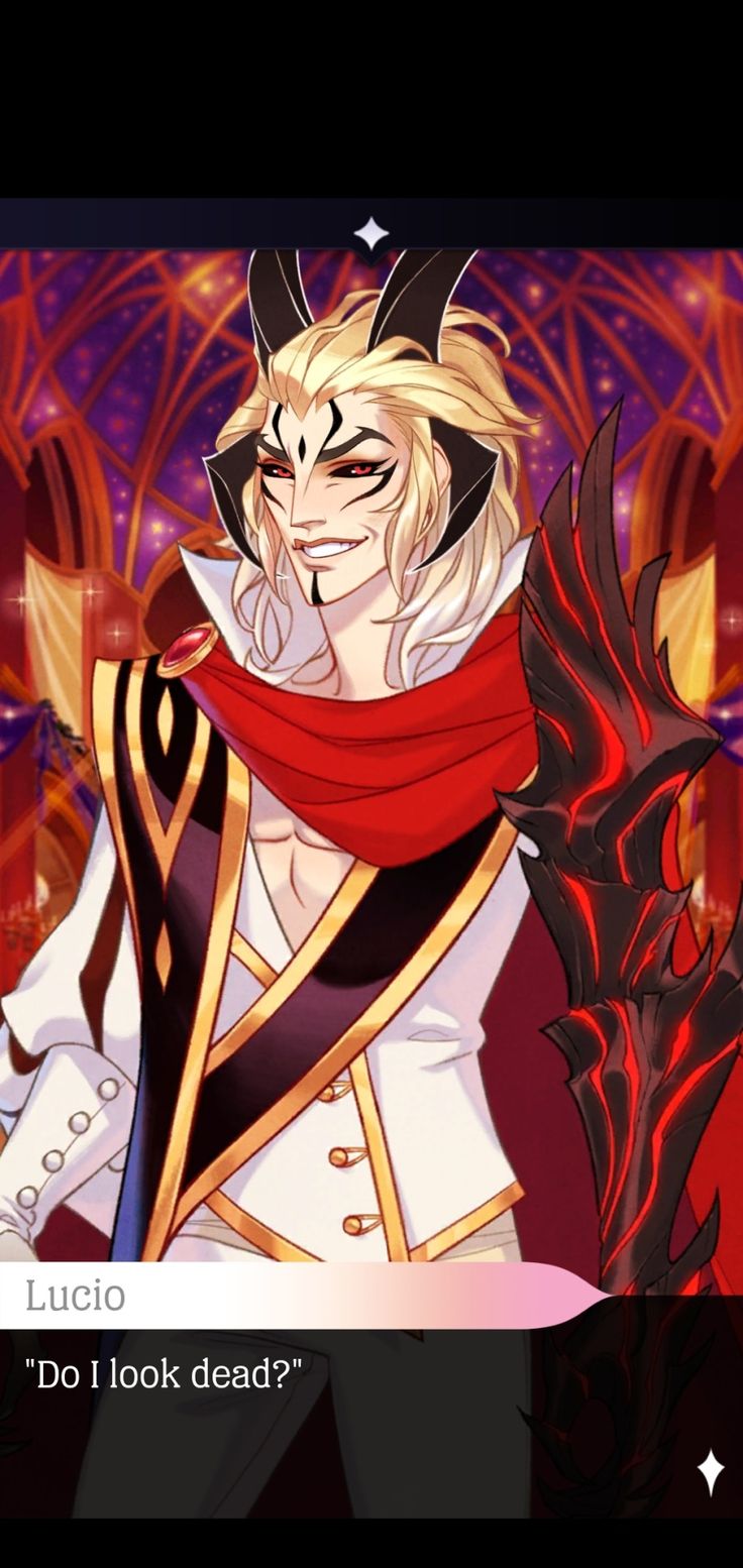 an image from the visual novel the arcana shows a character named lucio. he has blonde hair, horns, and red eyes. he is wearing a white coat with gold trim, a red scarf, and red and black armor. he has a devilish grin and is asking the question, "do i look dead?". the background is a fantasy setting with an ominous atmosphere.