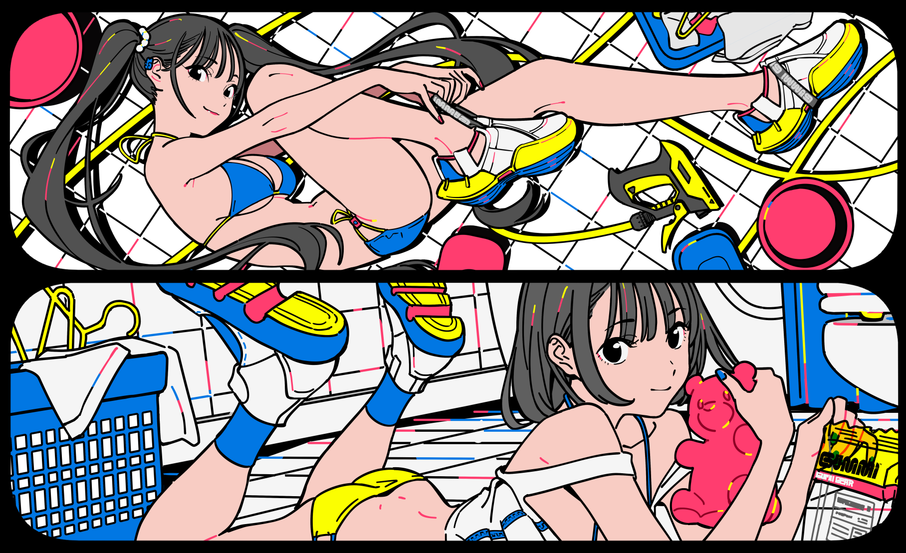 the image is a vibrant and colorful illustration featuring two animestyle girls.  the top half shows a girl in a blue bikini lounging in a brightly colored, geometrically patterned room, wearing sporty sandals.  the lower half depicts a second girl, also with dark hair, in a more casual outfit, holding a pink gummy bear and a package of snacks in a similarly styled room.  both scenes utilize bold colors and lines reminiscent of pop art.  the overall style is dynamic and playful.