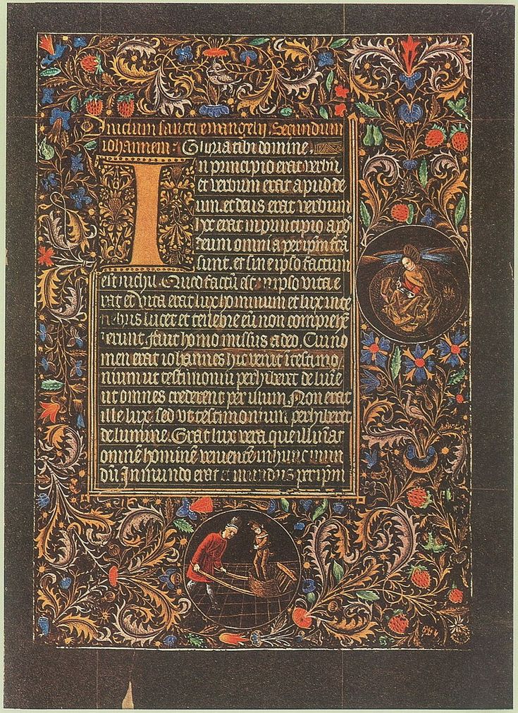 the image is a detail from a medieval illuminated manuscript. it shows a single page, with an illuminated capital letter "i" at the beginning of a text. the capital letter is surrounded by elaborate decorative border, filled with  flowers, leaves, and vines.  within the border are several miniature scenes, one of which depicts a kneeling figure before a seated figure, perhaps representing a religious scene or a person offering a prayer. the text itself is written in a gothic script, and is likely a biblical passage or a devotional prayer. the entire page is a testament to the beauty and skill of medieval manuscript illuminators, who created intricate and visually stunning works of art that were both practical and devotional.