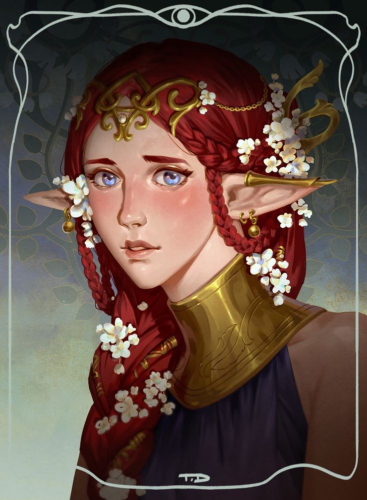 a digital painting of a fantasy elf woman. she has long, braided red hair adorned with white flowers and gold jewelry. she wears a gold collar and a dark purple dress. the background is dark and ornate, suggesting an art nouveau style.  the style is highly detailed, with careful attention paid to the textures and lighting.  her expression is serene and somewhat pensive. the overall aesthetic is one of elegance and fantasy.