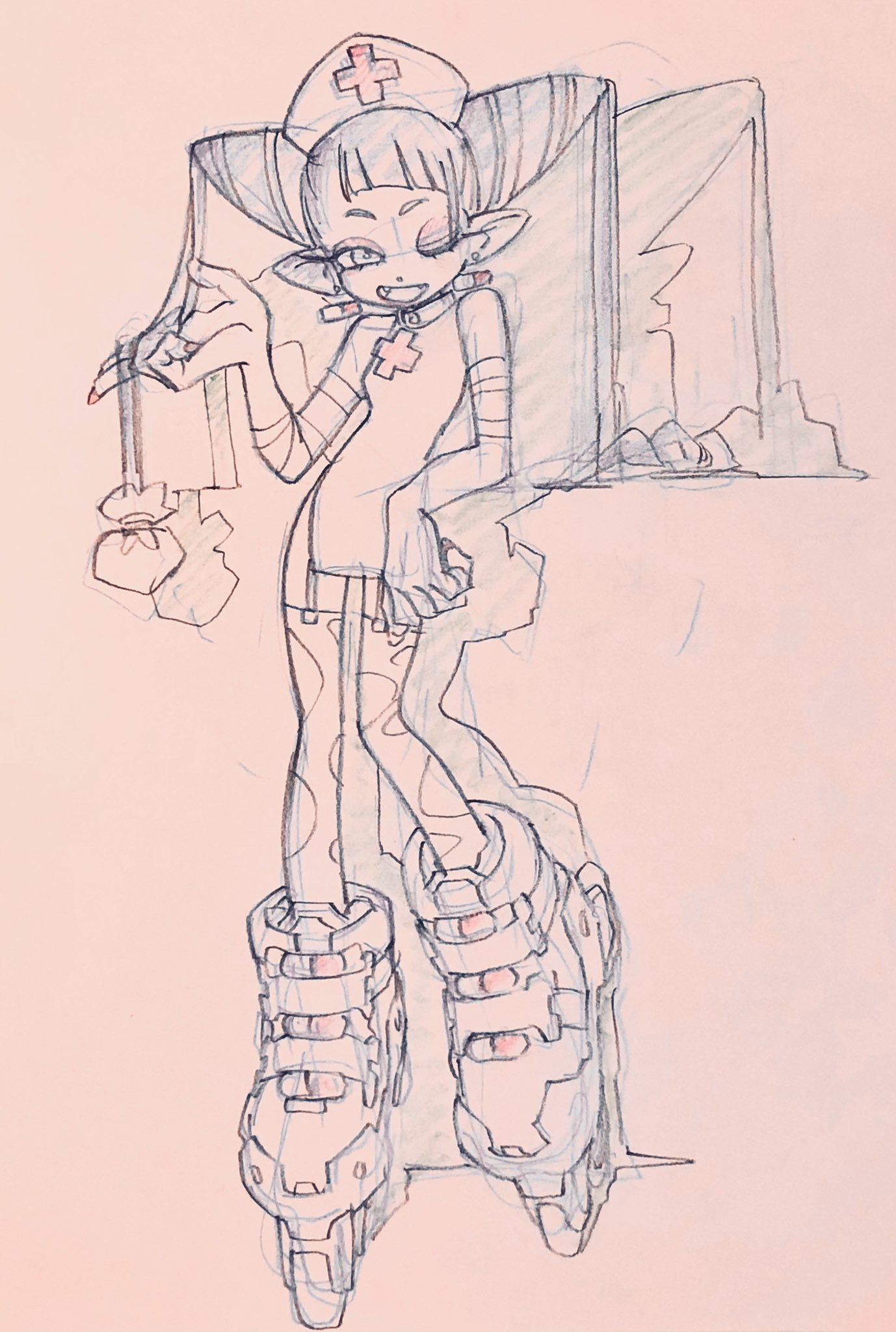 a black and white sketch of a female character with large horns dressed as a nurse in a short dress, thigh highs, bandages wrapped around her arms, and rollerblades. she is holding a syringe in one hand and has a heart dangling from it.  there's a mischievous expression on her face.