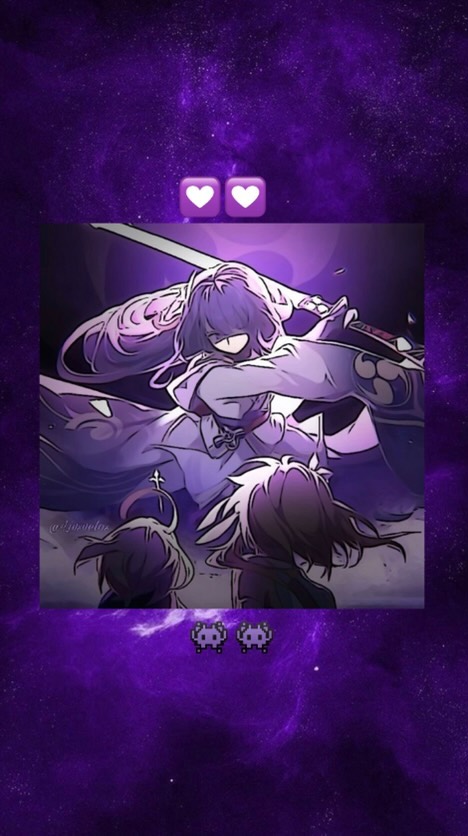 the image is a digital fanart piece featuring an animestyle girl with long purple hair wielding a sword. she is depicted in a dynamic pose, seemingly midbattle,  with a powerful and stylized look. the background is a dark purple spacelike scene with a galaxy texture.  the artwork has various added elements like hearts and pixel art space invaders, giving it a cute and aesthetic feel that mixes action with kawaii elements. two other, smaller figures appear in the foreground beneath her. the overall color scheme is predominantly shades of purple and violet, creating a visually striking and cohesive image.
