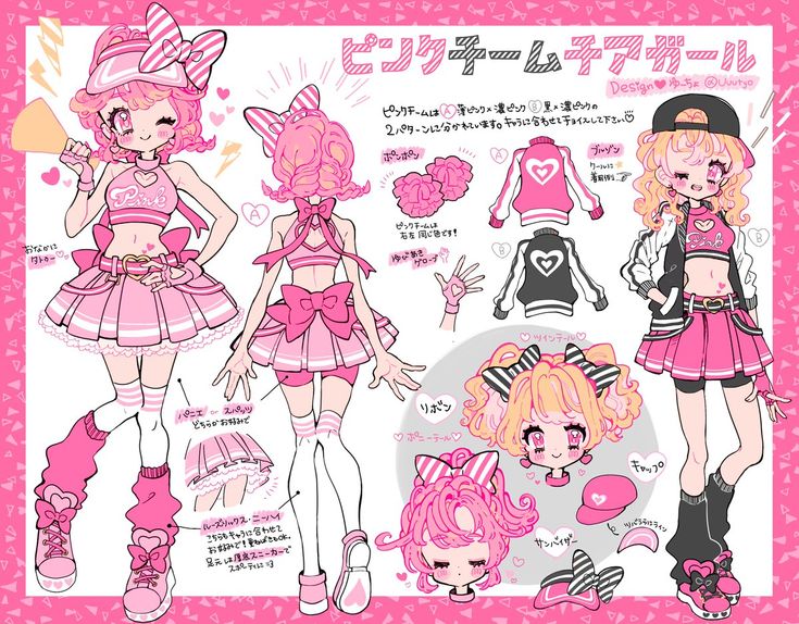 this is a  illustration of a cute anime girl wearing pink clothes. she is designed to be a cheerleader with a pom pom in one hand, her hair is  pink and curly, with a pink hat and an outfit that is pink and black stripes with a love heart on it.  the picture also includes closeups of various parts of the outfit, and details. there is a  pink and white striped hat, a pink and black striped jacket, and a pink and white striped skirt. the  illustration is very cute and full of details. it would appeal to fans of anime and fashion.