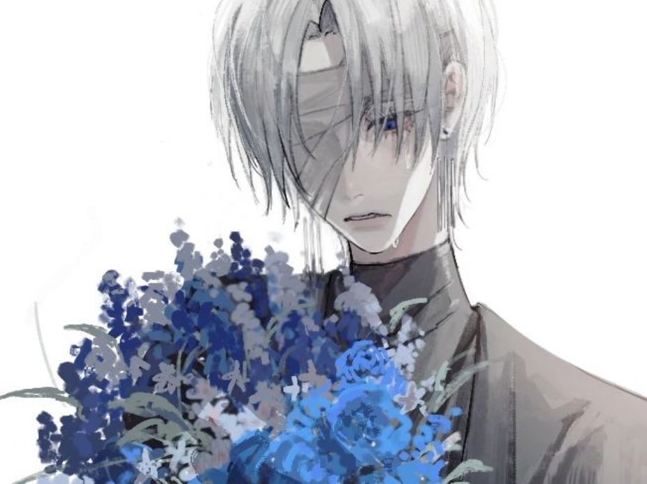 the image shows an anime character, a young man with white hair, wearing a black suit with a bandage over his eye, he is crying and holding a bouquet of blue flowers.  the character is sad and emotional. the image is drawn in a digital art style, with soft, pastel colors.