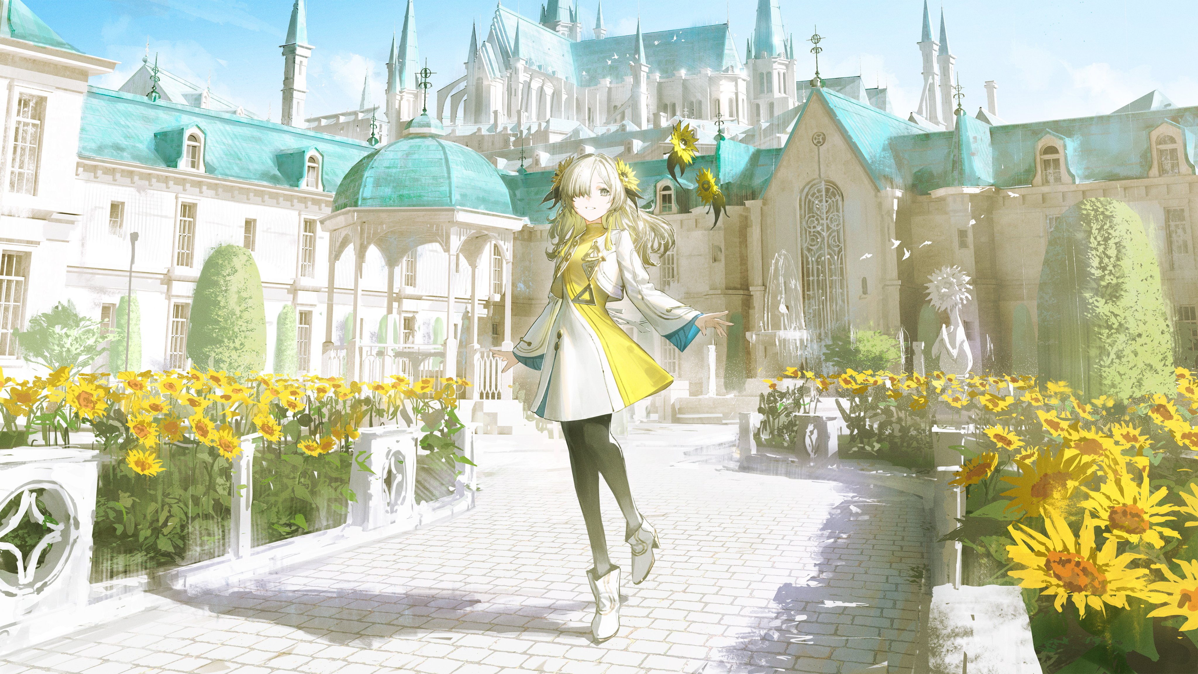 a young anime girl with white hair and yellow eyes is smiling and walking down a stone walkway with a white dress, yellow accents, and white boots.  she has flowers on her head and is walking past a stone fountain and white gazebo.  the building on the left and right of the image are both stone and white with light blue roofs.  there are sunflowers on both sides of the pathway, along with a few green bushes.  the sky is blue, with white fluffy clouds.  the overall feeling of the image is one of happiness and wonder.