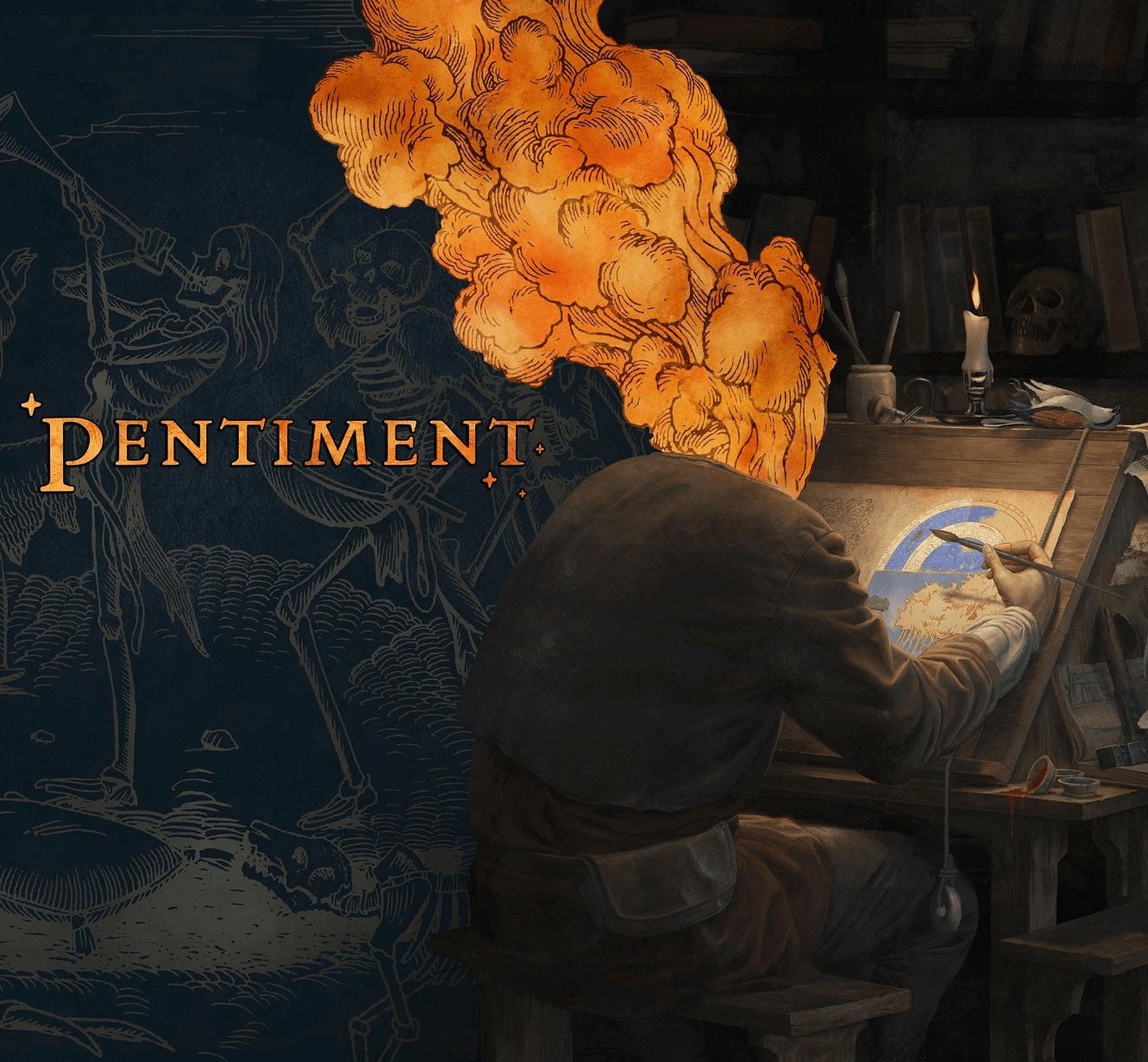 the image is artwork from the video game pentiment. it shows a man sitting at a desk drawing, with a large cloud of fire emanating from his head. there's a dark background showing skeletons and the game title "pentiment" in golden text. on the right side, the man is working at his desk with a candle, skull, and books behind him.