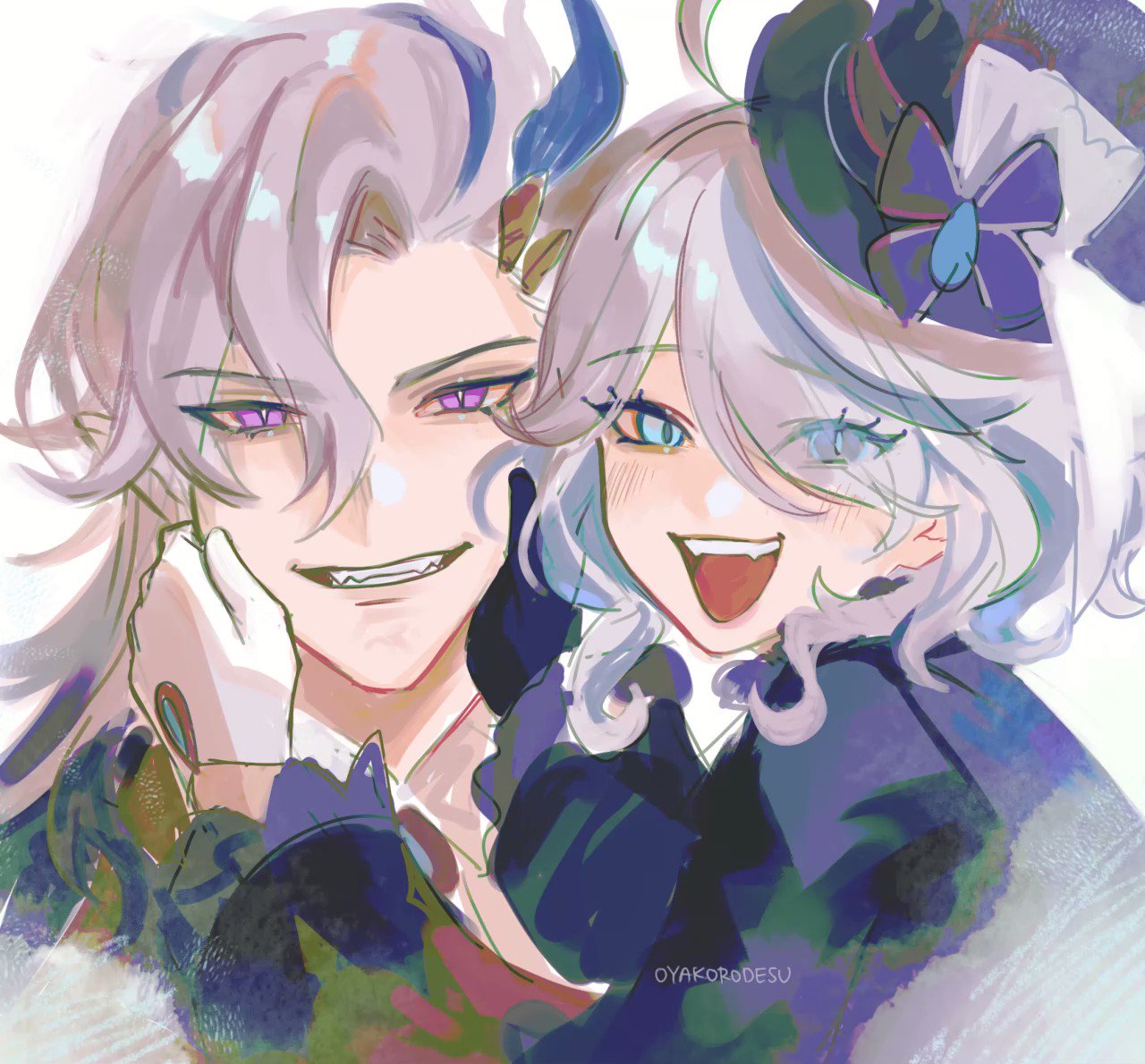 a colorful animestyle illustration of a girl and boy. the girl has long silver hair and bright blue eyes, she's wearing a black and white outfit with a blue bow on her hat. the boy has purple hair, yellow eyes and a black outfit. they are standing close to each other, smiling and looking like good friends.