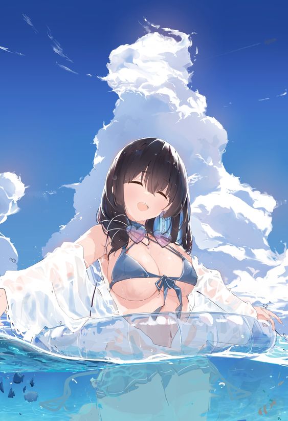 the image features an anime girl with long, dark brown hair and brown eyes. she is wearing a blue bikini top and bottom, and a white shirt draped over her arms. she is smiling brightly with her eyes closed, seemingly enjoying herself as she floats on a transparent inflatable ring in clear blue water. the water is so clear that you can see the bottom, where a few rocks are scattered. above her, the sky is a vibrant blue with fluffy white clouds, adding to the sunny and carefree atmosphere of the scene.