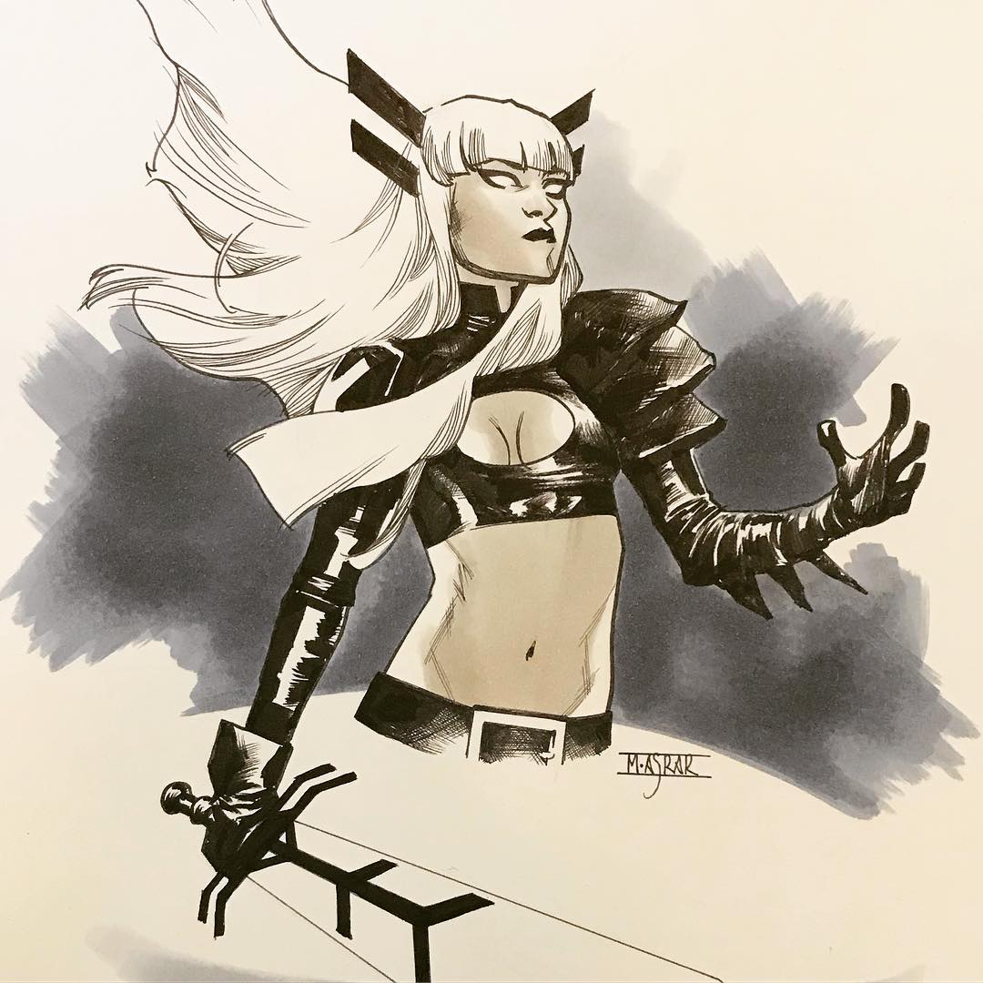 this is a handdrawn illustration of a female mutant superhero from the xmen comics, sabretooth. she is drawn in a black and white style. she is standing with a sword in her hand. she has long white hair and is wearing a black,  leather  outfit with  a  white  belt.  she has dark gloves on and a black choker.  her hair is blowing in the wind as she stands with a determined expression. the art style is sharp and detailed.  the drawing is done in pen and ink with some gray wash.  this is a great example of fan art created by a comic book fan.
