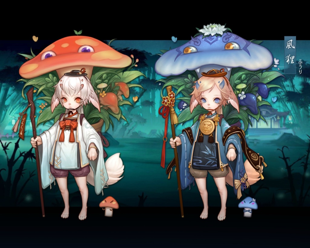 two young fantasy characters are depicted in a lush, mystical forest. each boy is dressed in distinctly colored, asianinspired clothing  one in cool tones of blue and the other in warm tones of orange and white. they wear large, colorful mushrooms as hats and carry wooden staffs.  the environment features glowing plants and otherworldly mushrooms, suggesting a magical setting. the soft lighting enhances the whimsical and enchanting atmosphere of the image.