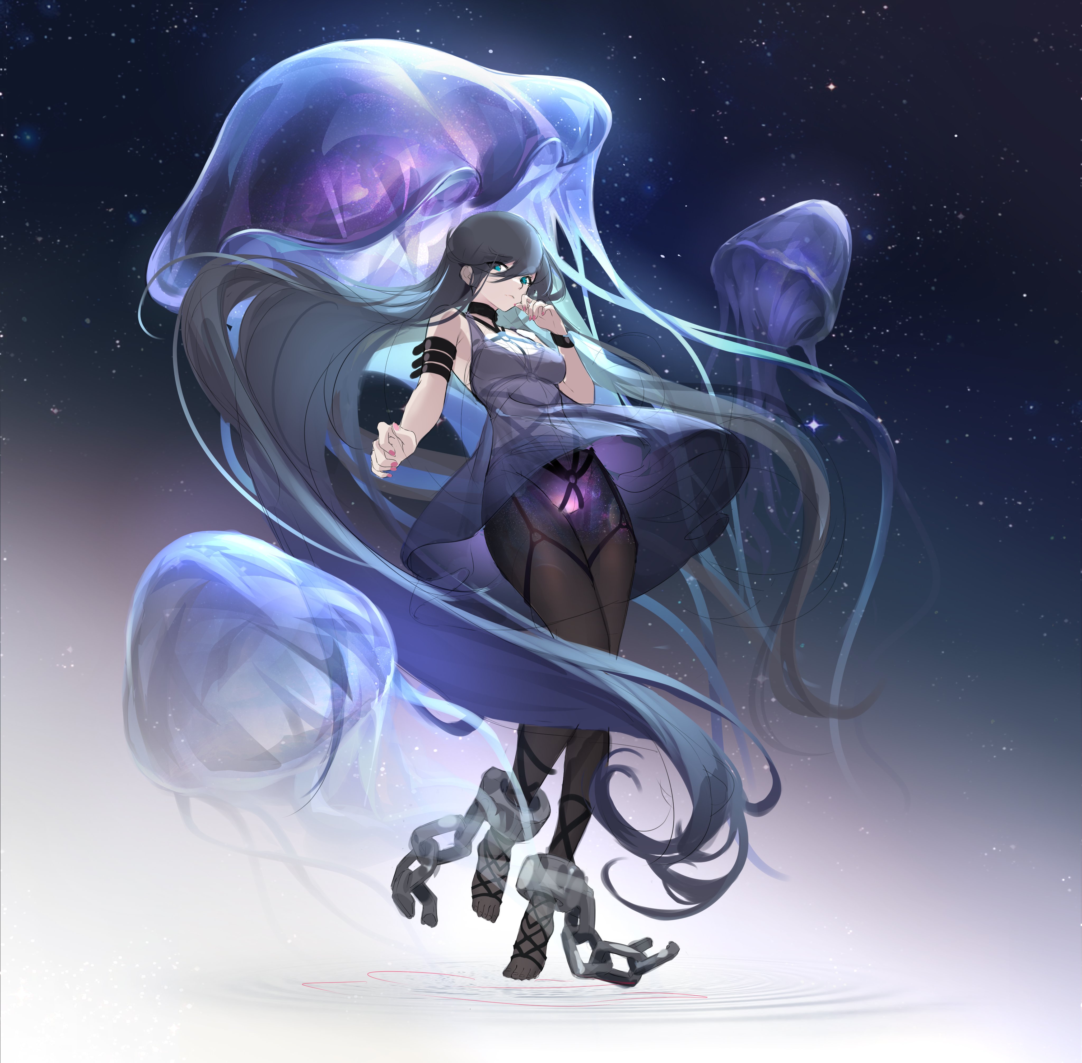 the image is a digital painting or illustration depicting an animestyle girl with long, flowing blue hair. she is dressed in a short, dark blue dress and black tights. her ankles are adorned with metallic chains.  she is surrounded by several large, translucent jellyfish that appear to be made of nebulalike cosmic matter, glowing faintly with purple and blue hues. the background is a dark night sky filled with stars. the overall aesthetic is ethereal, magical, and somewhat mysterious, with a blend of dark and light elements. the girl seems both elegant and bound, possibly hinting at a story or narrative.