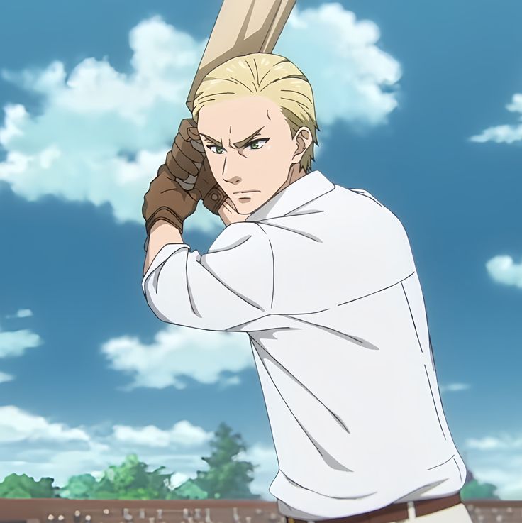 the image features an anime man with blonde hair, wearing a white shirt and brown leather gloves. he is holding a baseball bat and facing away from the viewer, with a determined expression on his face. he is standing in front of a green grass field, with a brick wall behind him. the sky is blue with white clouds.