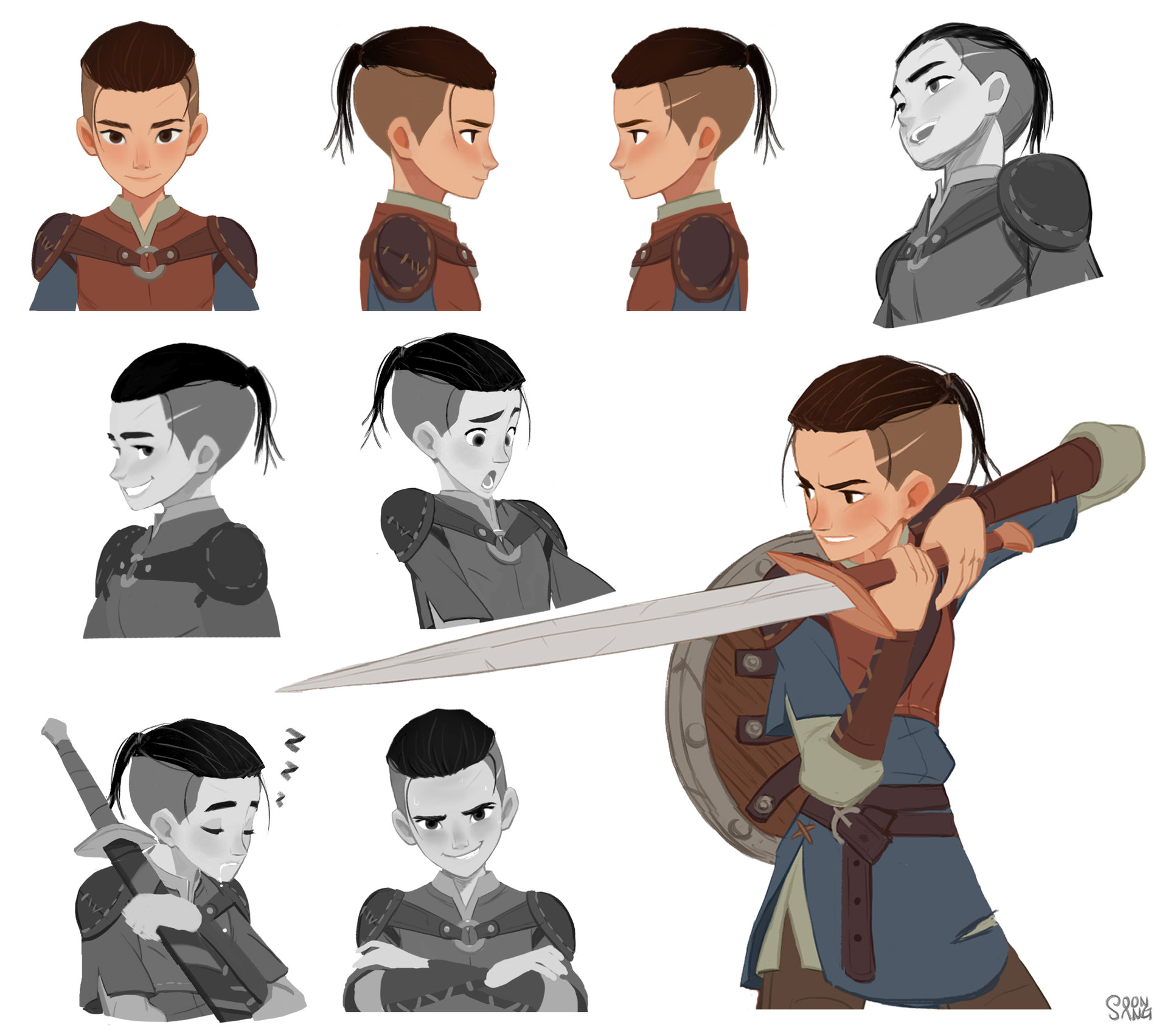 a character design sheet for a young knight. the sheet shows the character in various poses and expressions, including front, side, and 3/4 views. the character is armed with a sword and shield and is wearing armor. the style is cartoonish and childfriendly.