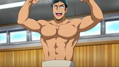 the image shows a muscular anime man with short green hair and tan skin flexing his biceps. he is wearing a white sumo wrestling belt and is standing in a gymlike room with wood paneling. the man appears happy and excited. the lighting suggests an indoor setting.