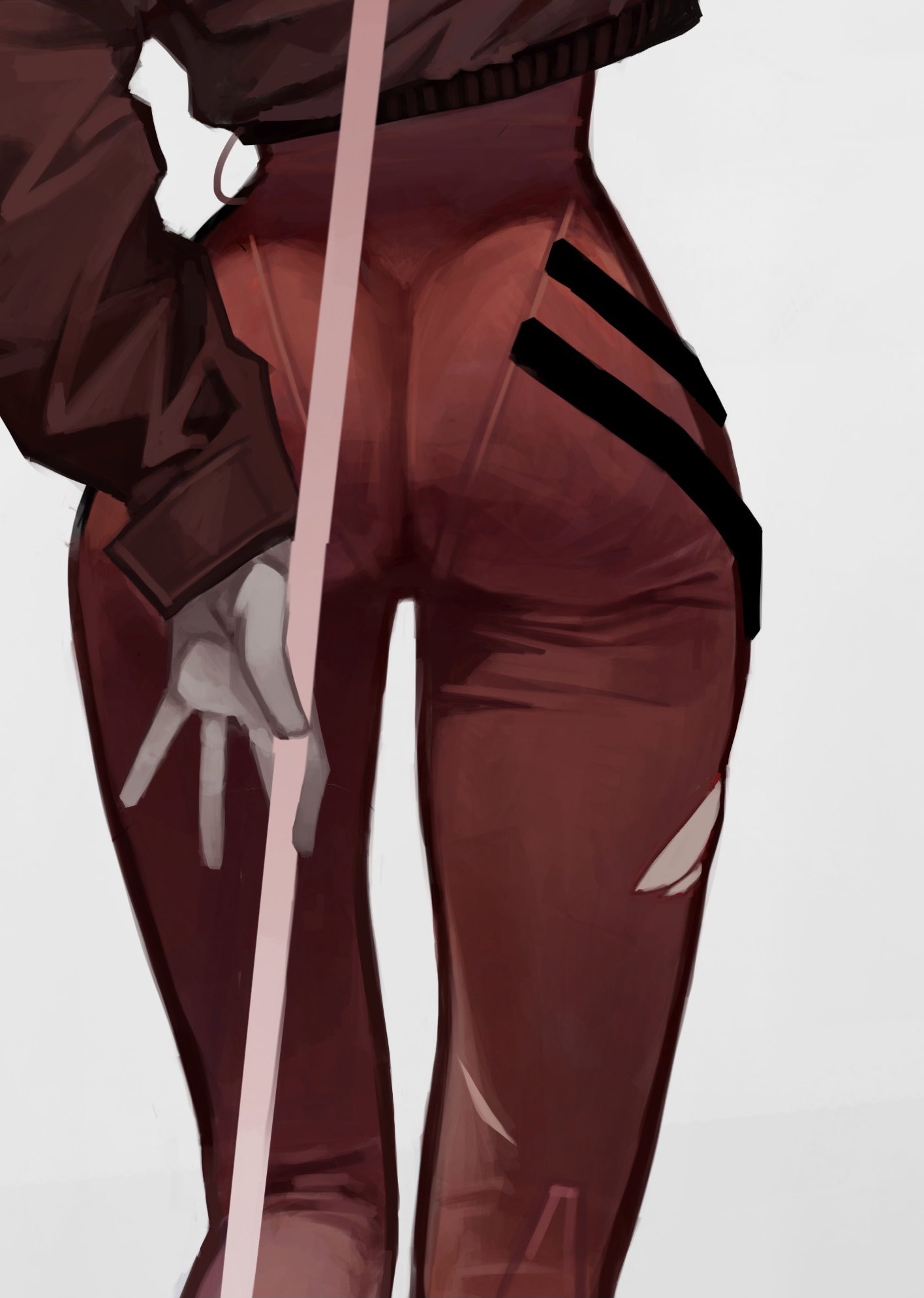 the image is a digital painting or illustration of an animestyle female character from the back. she is wearing red pants or leggings with black stripes down the sides, a brown jacket, and appears to be holding a long, thin, pale pink object. the style is minimalist and stylish, with a focus on the character's clothing and pose. the background is plain white, drawing attention to the figure. the overall impression is one of casual fashion and modern design.