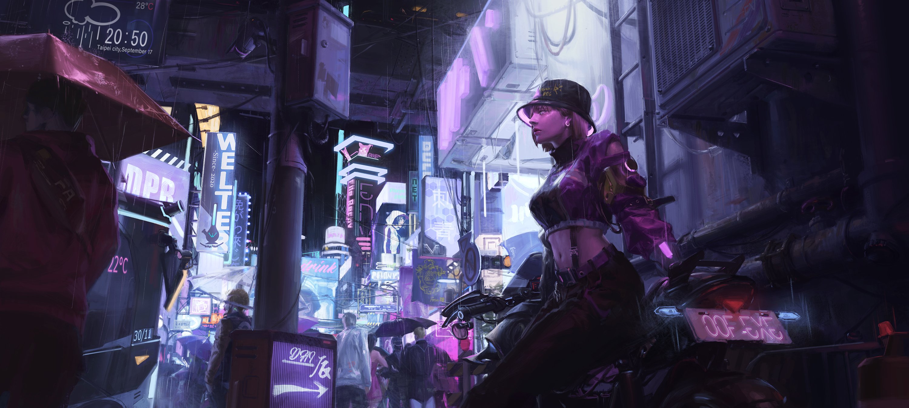 a cyberpunk scene featuring a woman on a motorcycle in a rainy city street. the street is filled with neon signs, and there are pedestrians with umbrellas. the setting appears to be taipei city, as indicated by the weather information.
