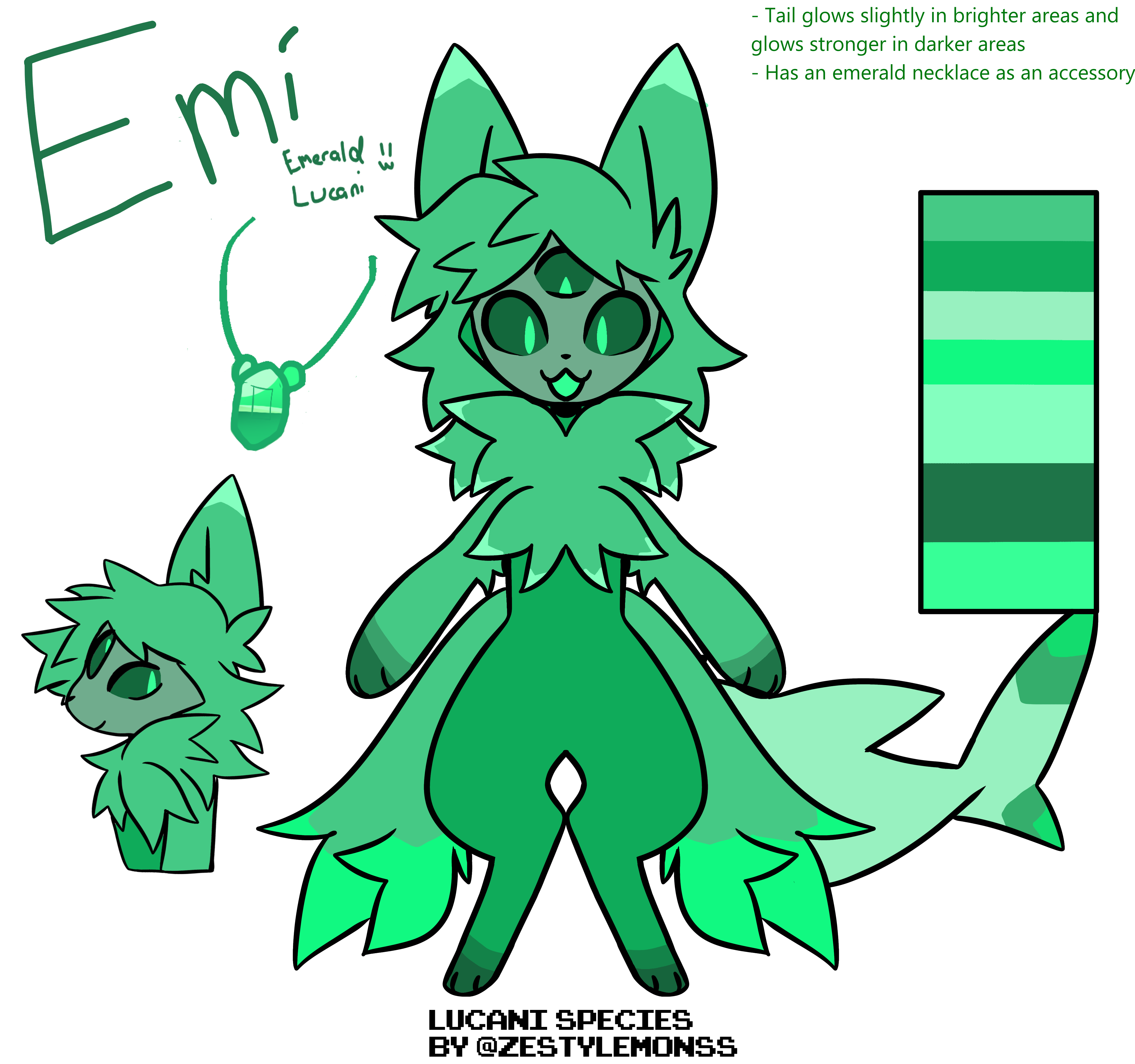 a green cartoon character, maybe a cat, is designed with a fish tail, wearing an emerald necklace. the character is named emi. the art is drawn in a simple style, and the colors used are green, blue, and black.