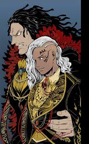the image is a detailed manga or animestyle illustration depicting two men in elaborate, dark fantasy clothing.  one man, with long black hair, appears older and stern, possibly a vampire or dark lord, wearing a rich red and black garment with gold accents.  he has a powerful presence and intense gaze. he is embracing a younger man with long grey hair, who appears more refined and aristocratic. the younger man’s attire is similarly ornate, featuring gold and black with intricate patterns. the overall style is dark, dramatic, and highly detailed, showcasing a gothic aesthetic. the two figures are positioned closely together in what could be interpreted as a moment of intimacy or power.