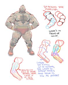 a drawing of a muscular man in a wrestling stance. the drawing is annotated with notes on how to draw muscles and overlapping body parts.