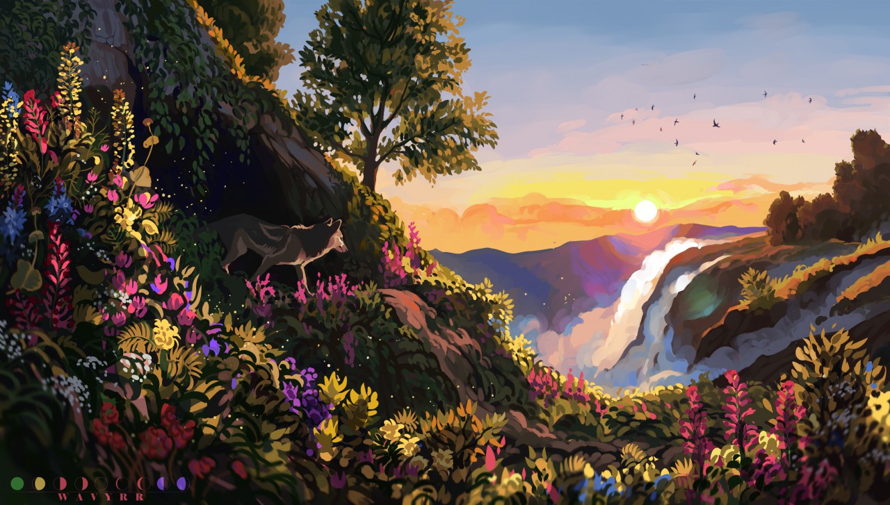 a painting of a wolf standing on a grassy mountainside, with a waterfall and sunset in the background. the wolf is surrounded by lush greenery and flowers, including yellow daisies, purple flowers, and red flowers. the sunset is orange and pink, and the sky is blue. the waterfall is flowing over rocks and cascading down a cliff.  the forest is full of trees, and the meadow is full of flowers. the wolf looks to be gazing off into the distance of the vast landscape.