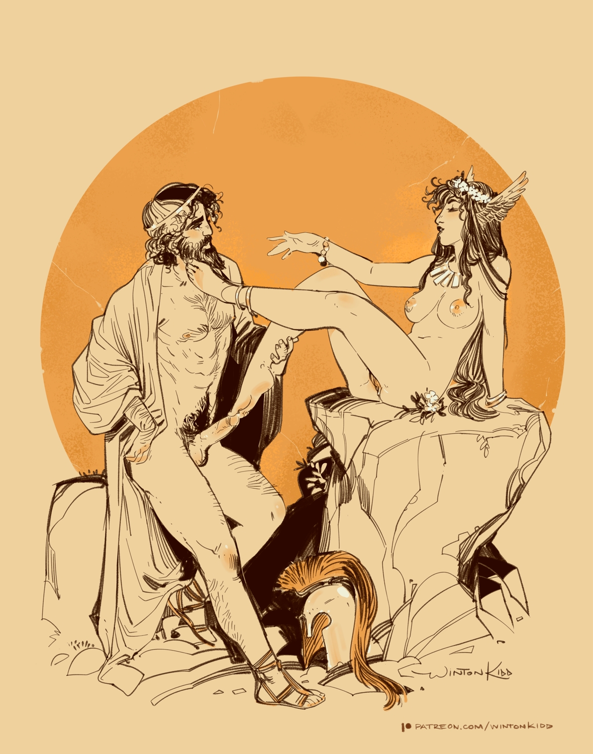 a drawing of the greek god ares and the goddess aphrodite, who are both in a loving embrace. the drawing is done in a sketchy style with a lot of detail.  the background is a beautiful orange with a halo around the couple, with some details of a mountain and a rock behind them.  there is a signature in the bottom right corner of the image.