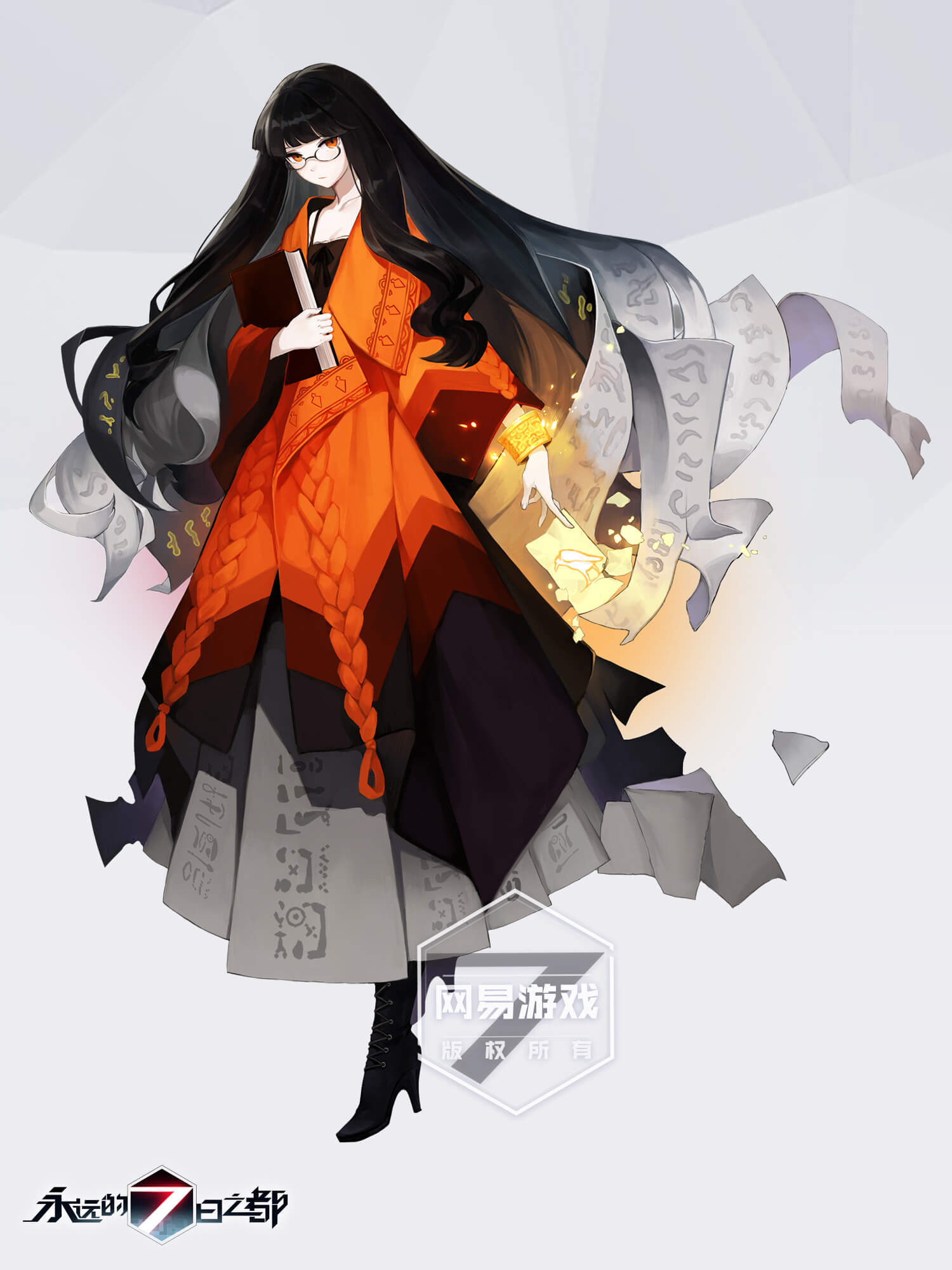 an anime character with long black hair, wearing an orange and black dress, black boots, and glasses, is standing and holding books. the character has fair skin and is holding a golden glowing book in her left hand and a closed black book in her right hand. the background is gray with some geometric shapes. some scraps of paper with symbols are floating around her. there are some chinese characters in the bottom right corner of the image.