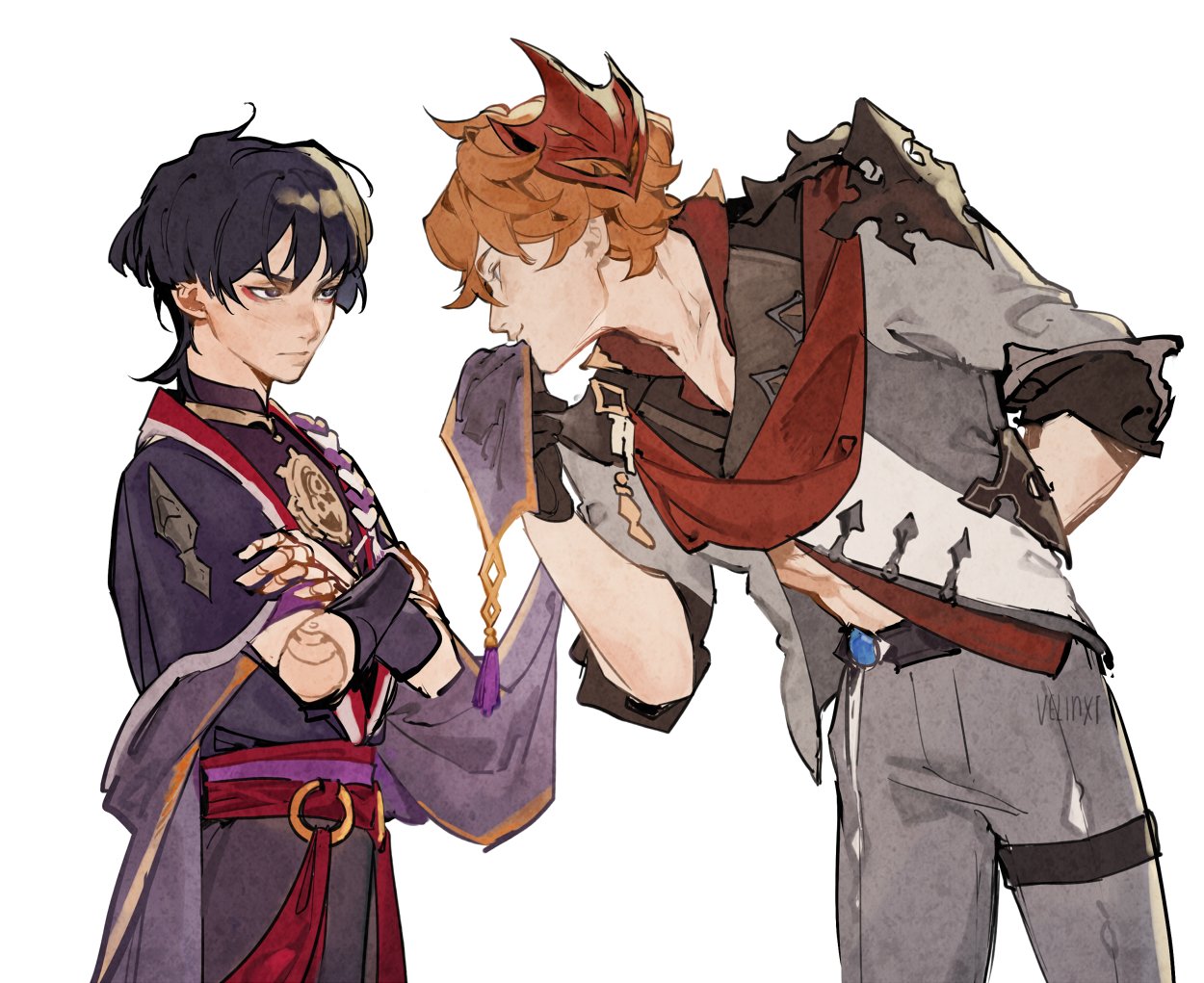 two characters from the video game genshin impact are depicted in a fan art illustration. on the left is scaramouche, with dark hair and wearing a dark purple and red outfit, crossing his arms. on the right is childe, with red hair and a red and gray outfit, speaking into his gloved hand.
