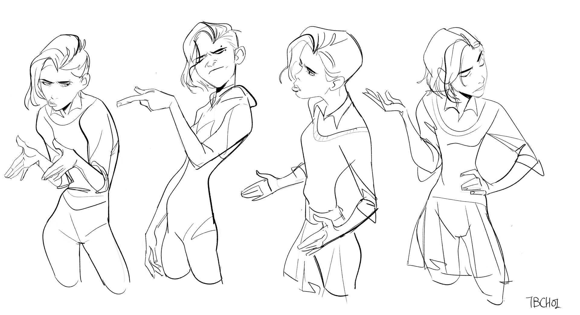 he image contains four sketches of a young woman with short hair, each in a different pose and expression. the sketches are done in a loose, expressive style with thin, black lines on a white background. the woman's clothing style is modern and slightly stylized.  the overall feel is a character design study showcasing variations in body language and facial expression. the sketches are dynamic and convey different moods and personalities.  a signature, "tbchoi," is visible in the bottom right corner.