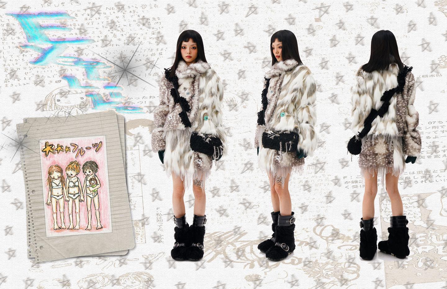 he image is a collage featuring two identical models wearing a fluffy, multitoned beige fur coat with black accents and black fuzzy boots. they are posed in a threequarter view, one facing the camera slightly angled, and the other with their back to the camera. both wear small black bags as accessories. the backdrop is a chaotic collage of handwritten japanese text, stars, and drawings. in the foreground, a sketchbook is displayed featuring a simple drawing of three girls in their underwear, reminiscent of anime style.  the overall aesthetic is a blend of grunge, kawaii, and japanese street fashion elements. the image's visual style is heavily textured and visually stimulating.