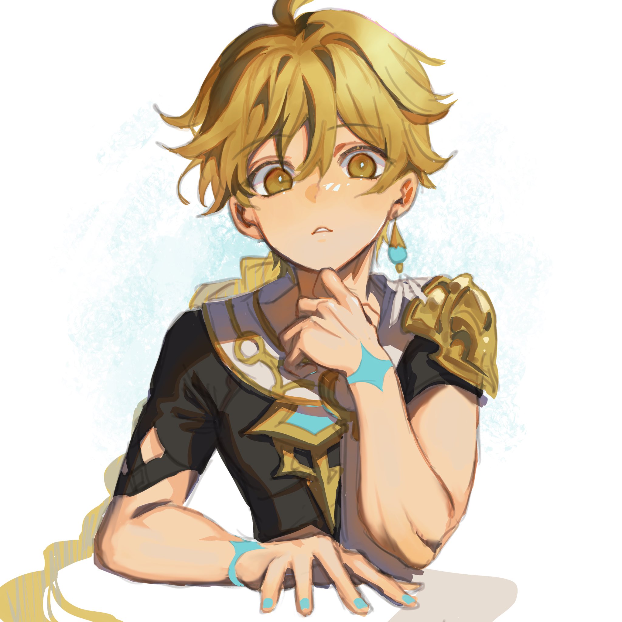 the image shows a young anime boy with blonde hair and blue eyes. he is wearing a black shirt with gold jewelry and blue earrings. he has a thoughtful expression on his face and is looking off to the side. the background is white with some light blue shading.