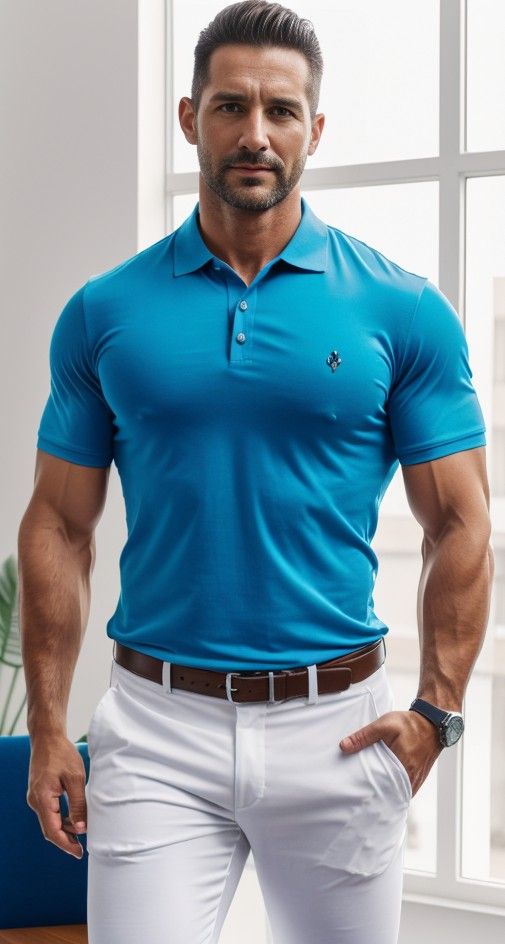 a muscular, handsome man with short dark hair and a trimmed beard is standing in a naturally lit indoor environment. he is wearing a fitted bright blue polo shirt with a small logo on the chest, white pants, a brown leather belt, and a wristwatch. he is confidently posing with one hand in his pocket.