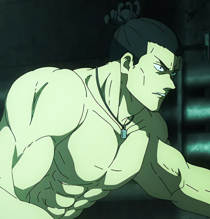the image showcases a muscular man with a determined expression, likely an anime character. he is shirtless, revealing his toned physique. he has a top knot hairstyle and wears a necklace with a tag. the setting appears to be indoors and dimly lit, creating a dramatic atmosphere. the closeup perspective emphasizes his strength and intensity.