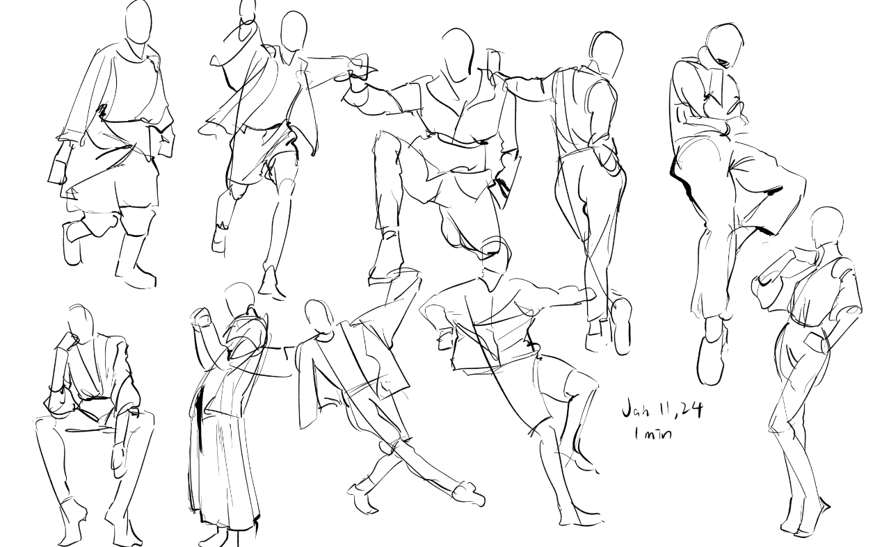 the image contains a collection of quick figure sketches, likely done in under a minute as indicated by the annotation "jan 11, 24, 1 min".  the sketches focus on capturing the gesture and movement of various human figures in different poses.  the figures are depicted in various styles of clothing, and the artist has used quick, expressive lines to convey a sense of dynamism.  the overall style suggests a focus on capturing movement and form rather than anatomical detail. the sketches are all done in black and white line work on a white background.