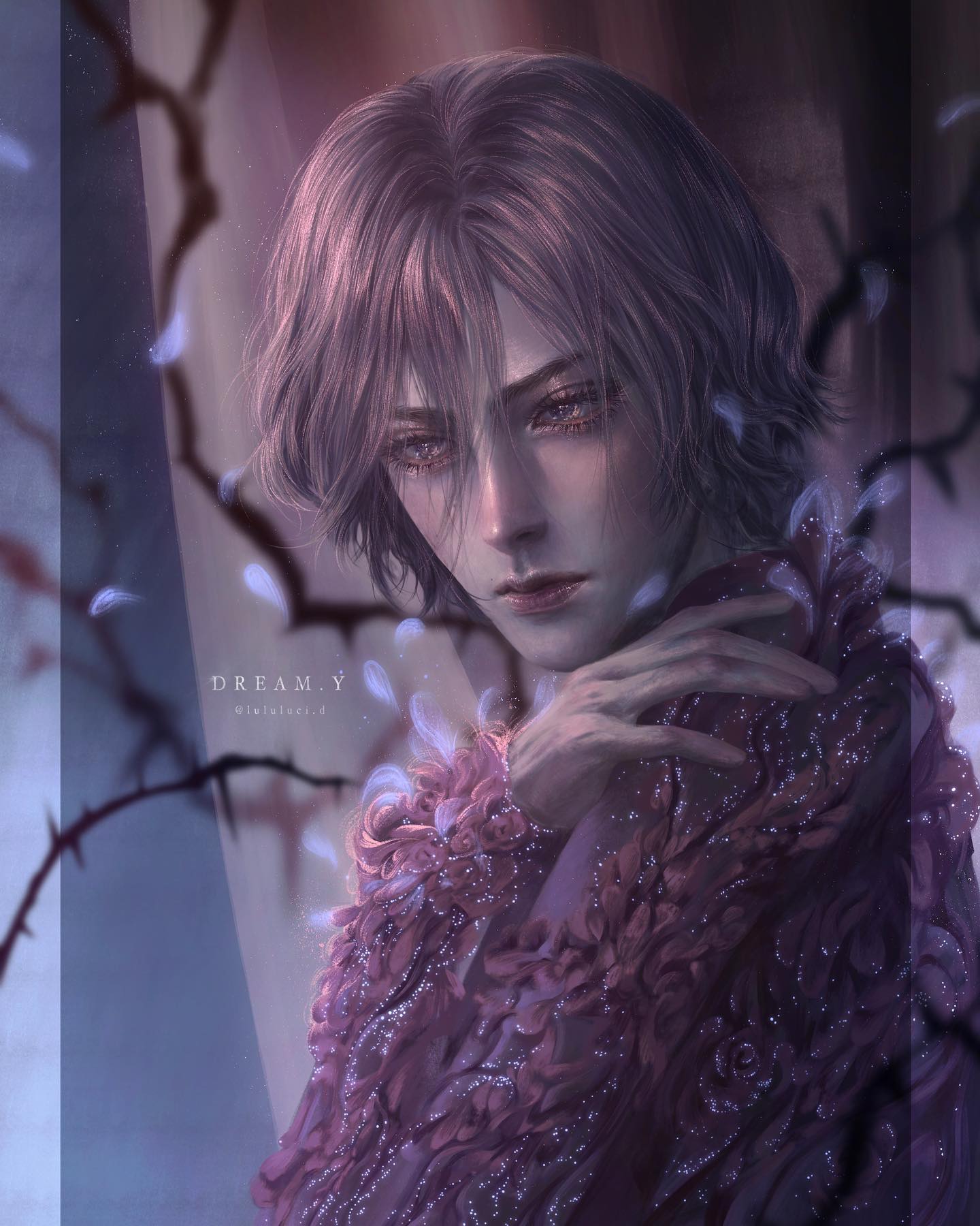 a closeup portrait of an anime character with purple hair, adorned in a lavish pink and purple outfit with intricate detailing and glitter, posing against a dreamy, blurred background. the character's gaze is directed downwards, suggesting a contemplative mood. the overall atmosphere exudes elegance, fantasy, and dreaminess.