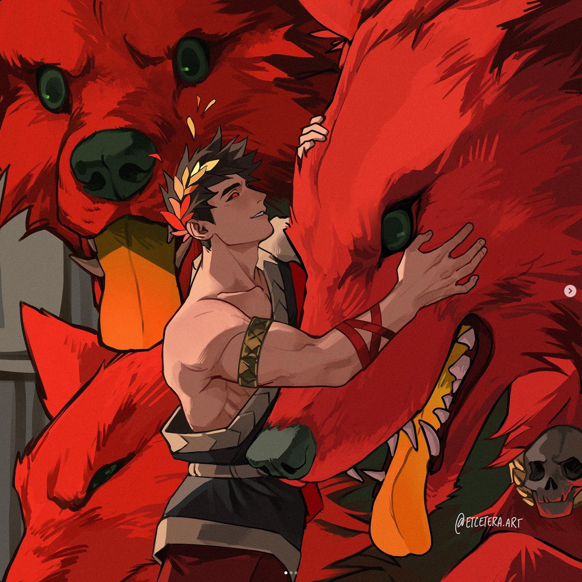 the image showcases a muscular young man, possibly a god or demigod,  embracing a large red wolf.  two other wolves with similar fiery red fur flank them. the man has short dark hair, a golden laurel crown, and wears a simple green tunic. his expression is serene and joyful as he holds the wolf, its tongue lolling out playfully.  the scene is dramatically lit with warm tones, emphasizing the red of the wolves and the man's skin. the background hints at a stone structure, possibly a temple or palace. the overall atmosphere is one of power, affection, and a strong bond between the man and the wolves.