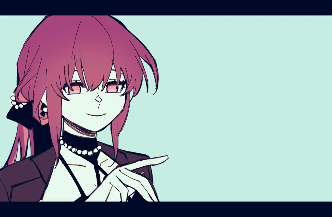 an anime girl with pink hair and black eyes is smiling and pointing to the right side of the frame. she is wearing a black blazer, a black choker, and a pearl necklace. the background is a light blue color. the illustration is done in a digital art style.