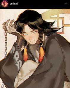 a digital illustration of xiao, a character from the video game genshin impact. he is depicted as a young man with black hair with teal undertones, styled in a halfupdo with orange tassels. he is wearing his signature outfit, a black and white robelike attire. he is leaning on his left hand, which is skeletal. the background features a faint design of traditional chinese architecture. the lighting is soft and warm, creating a serene atmosphere.